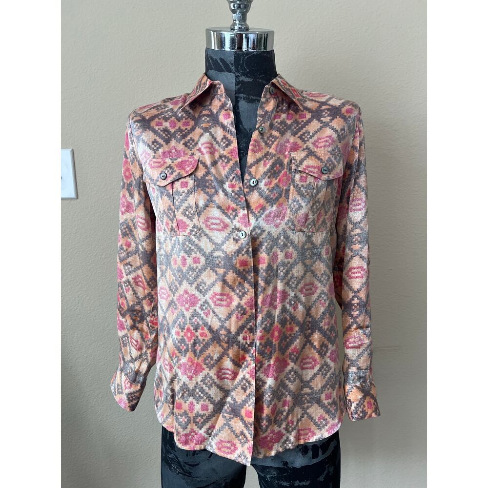 Ruby Road Shiny Peach Aztec Print Button Down Shirt –Size 14P Southwestern Style